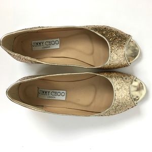 Jimmy Choo PeepToe Champagne Glitter Flats 41